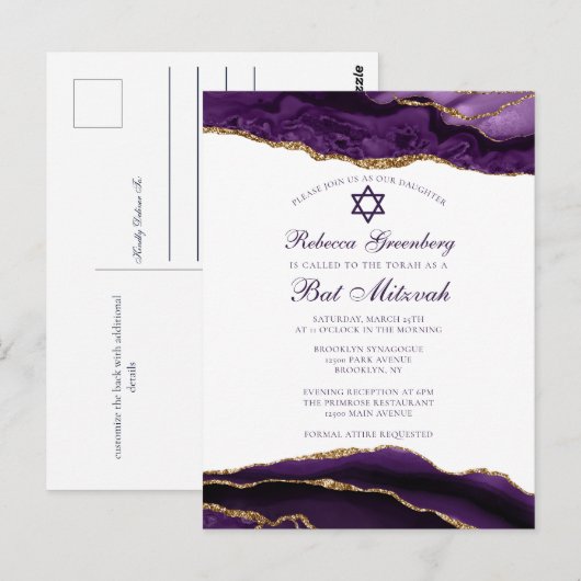 Elegante Paarse gouden Bat Mitswa-feestuitnodiging Briefkaart (Voorkant / Achterkant)