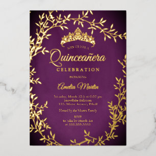 Elegante Paarse Gouden Blad Krans Quinceanera Folie Uitnodiging