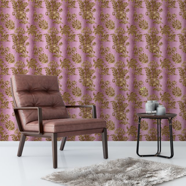 Elegante  Paarse Gouden Bloem Behang (Elegant Vintage Purple Gold Floral Wallpaper)
