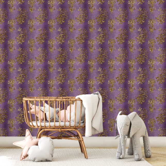  Elegante Paarse Gouden Bloem Behang (Vintage Elegant Purple Gold Floral Wallpaper)