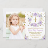 Elegante Paarse Gouden Bloemen Eerste Communie Doo Kaart (Voorkant)