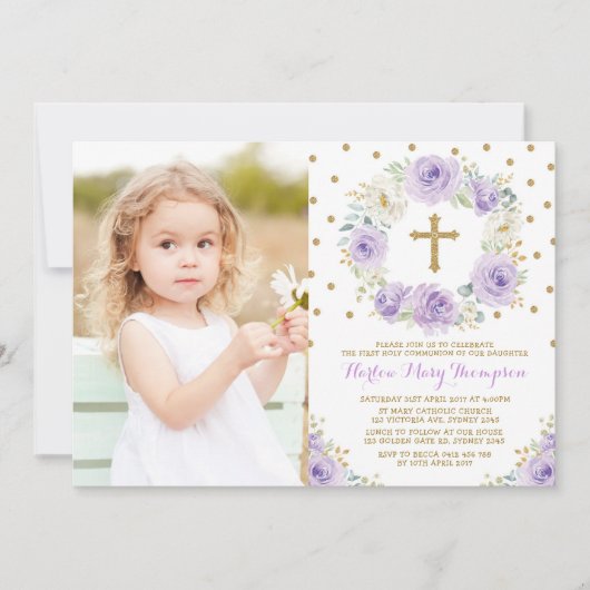 Elegante Paarse Gouden Bloemen Eerste Communie Doo Kaart (Voorkant)