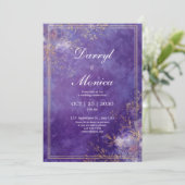 Elegante Paarse & Gouden Bloemen Lijst bruiloft Kaart (Staand voorkant)