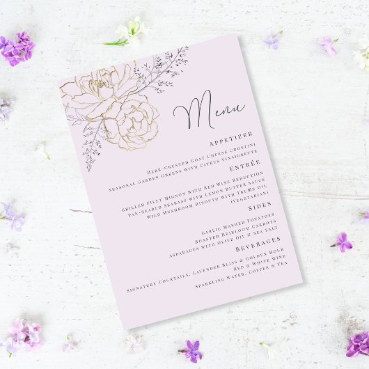 Elegante Paarse Gouden Bloemige Bruiloft Menu