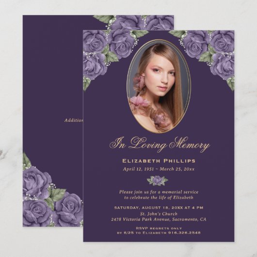 Elegante Paarse gouden bloemige foto herdenkingsdi Kaart (Voorkant / Achterkant)