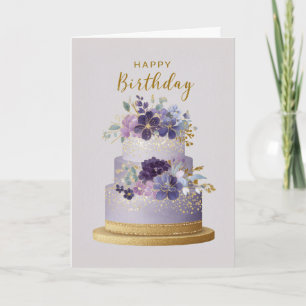 Elegante paarse & gouden bloemige verjaardagstaart kaart