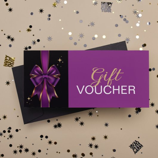 Elegante Paarse & Gouden Boog Cadeaubon | korting Reclamekaart