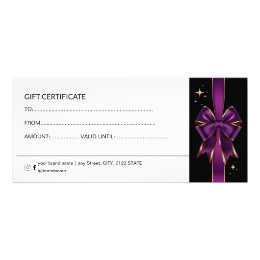 Elegante Paarse & Gouden Boog Cadeaubon | korting Reclamekaart (Achterkant)