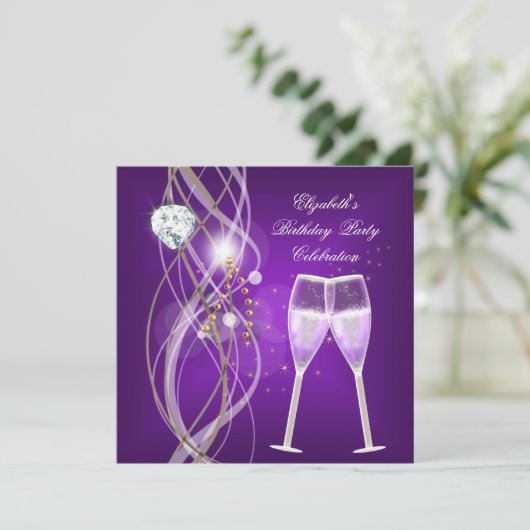 Elegante Paarse gouden Champagne Diamond Party Kaart (Staand voorkant)