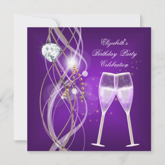 Elegante Paarse gouden Champagne Diamond Party Kaart (Voorkant)