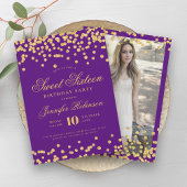 Elegante Paarse gouden Confetti foto Sweet 16 Kaart