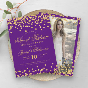 Elegante Paarse gouden Confetti foto Sweet 16 Kaart