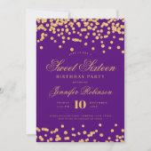 Elegante Paarse gouden Confetti foto Sweet 16 Kaart (Voorkant)