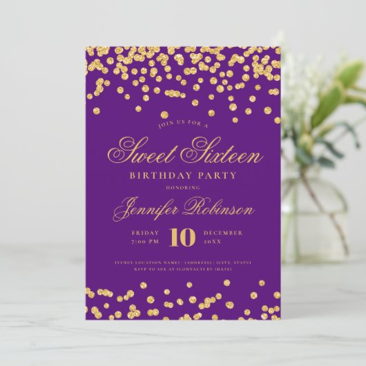 Elegante Paarse gouden Confetti foto Sweet 16 Kaart (Staand voorkant)