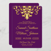 Elegante Paarse gouden damast bruiloft uitnodiging (Voorkant / Achterkant)