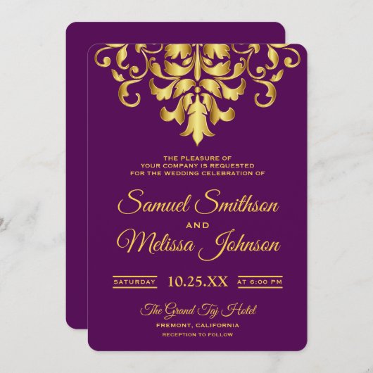 Elegante Paarse gouden damast bruiloft uitnodiging (Voorkant / Achterkant)