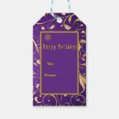 Elegante Paarse & gouden damast 'Happy Holidays' Cadeaulabel (Voorkant)