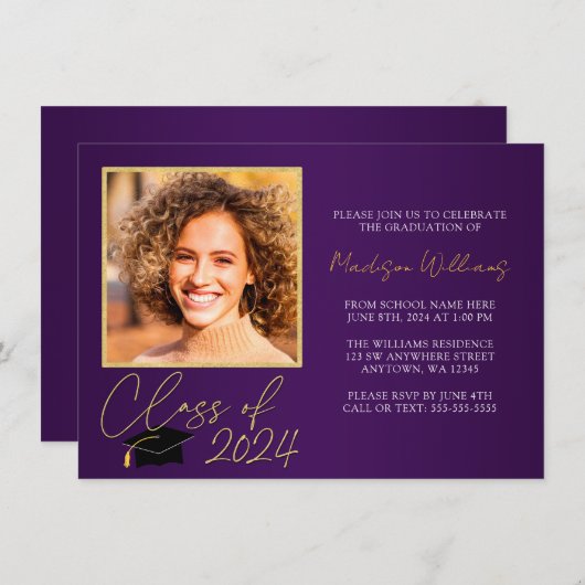 Elegante Paarse gouden foto Afstuderen aankondigin Kaart (Voorkant / Achterkant)