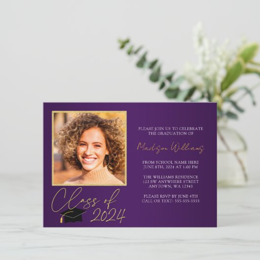 Elegante Paarse gouden foto Afstuderen aankondigin Kaart (Staand voorkant)