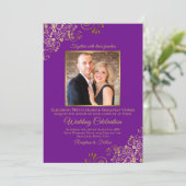 Elegante Paarse & Gouden Foto & QR Code Bruiloft Kaart (Staand voorkant)