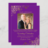 Elegante Paarse & Gouden Foto & QR Code Bruiloft Kaart (Voorkant / Achterkant)