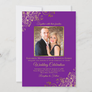 Elegante Paarse & Gouden Foto & QR Code Bruiloft Kaart
