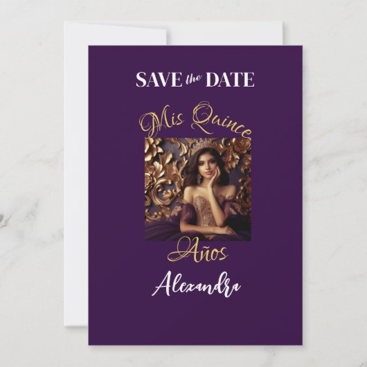 Elegante Paarse gouden foto Quinceañera Spaans Save The Date (Voorkant)