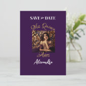 Elegante Paarse gouden foto Quinceañera Spaans Save The Date (Staand voorkant)