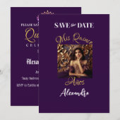 Elegante Paarse gouden foto Quinceañera Spaans Save The Date (Voorkant / Achterkant)