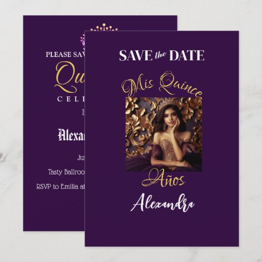 Elegante Paarse gouden foto Quinceañera Spaans Save The Date (Voorkant / Achterkant)