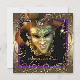 Elegante paarse gouden gemaskerde feestuitnodiging kaart