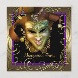 Elegante paarse gouden gemaskerde feestuitnodiging kaart
