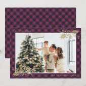 Elegante paarse gouden geruite kerstkaart met foto (Voorkant / Achterkant)