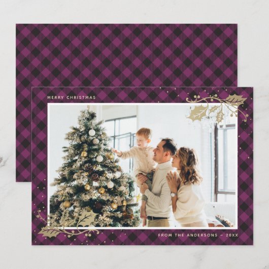 Elegante paarse gouden geruite kerstkaart met foto (Voorkant / Achterkant)