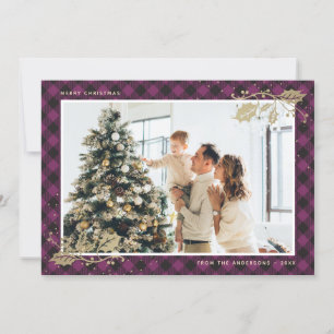 Elegante paarse gouden geruite kerstkaart met foto