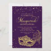 Elegante Paarse Gouden Glitter Masquerade Quinceañ Kaart (Voorkant)
