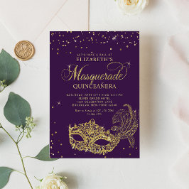 Elegante Paarse Gouden Glitter Masquerade Quinceañ Kaart