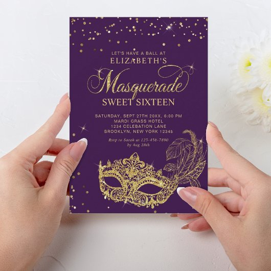 Elegante Paarse Gouden Glitter Masquerade Sweet 16 Kaart