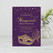 Elegante Paarse Gouden Glitter Masquerade Sweet 16 Kaart (Staand voorkant)