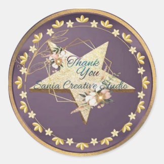 Elegante Paarse & Gouden Glitter Ster "Dank je" St Ronde Sticker