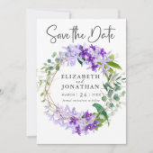 Elegante Paarse Gouden Groene Bloemen Krans Bruilo Save The Date (Voorkant)