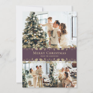 Elegante Paarse Gouden Holly Foto Kerst Kaart