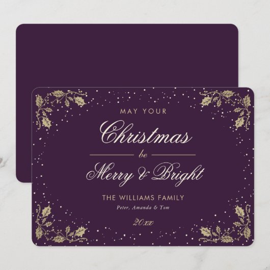 Elegante Paarse gouden Holly Snow Feestdagenkaart (Voorkant / Achterkant)