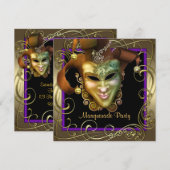 Elegante Paarse gouden maskerade feestuitnodiginge Kaart (Voorkant / Achterkant)
