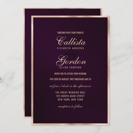 Elegante Paarse gouden metallic border bruiloft Kaart (Voorkant / Achterkant)