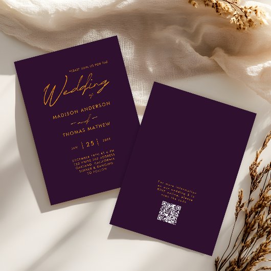 Elegante Paarse gouden moderne typografie RSVP bru Kaart