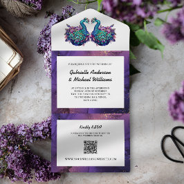 Elegante Paarse Gouden Pauw Foto Eco QR Trouwdag All In One Uitnodiging
