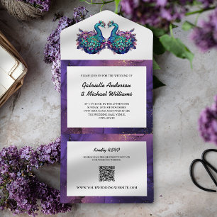 Elegante Paarse Gouden Pauw Foto Eco QR Trouwdag All In One Uitnodiging