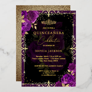 Elegante Paarse Gouden Roos Quinceanera  Folie Uitnodiging