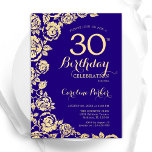 Elegante Paarse gouden Rozen 30e verjaardag Kaart<br><div class="desc">Paarse Gouden Bloemen 30ste Verjaardag Uitnodiging. Elegant ontwerp met rozen,  faux gouden folie en typografisch lettertype. Trendy uitnodigingskaart ideaal voor een stijlvol vrouw bday-feest. Kan worden aangepast aan elke leeftijd. Gedrukte Zazzle-uitnodigingen of direct downloadbare digitale afdrukbare sjabloon.</div>